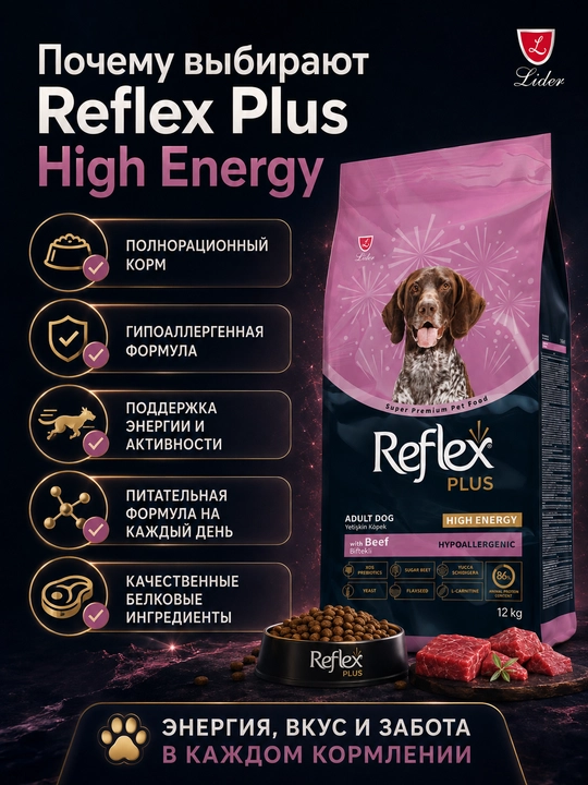 Reflex Plus сухой корм для собак средних и больших пород  с говядиной 12 КГ