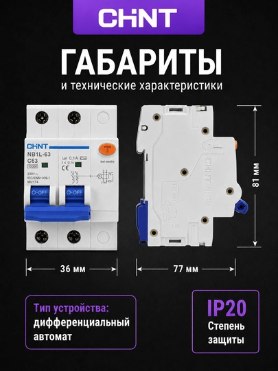 Дифференциальный автомат CHINT NB1L-63 2P, 100 мА, AC, 6 кА, C50–C63
