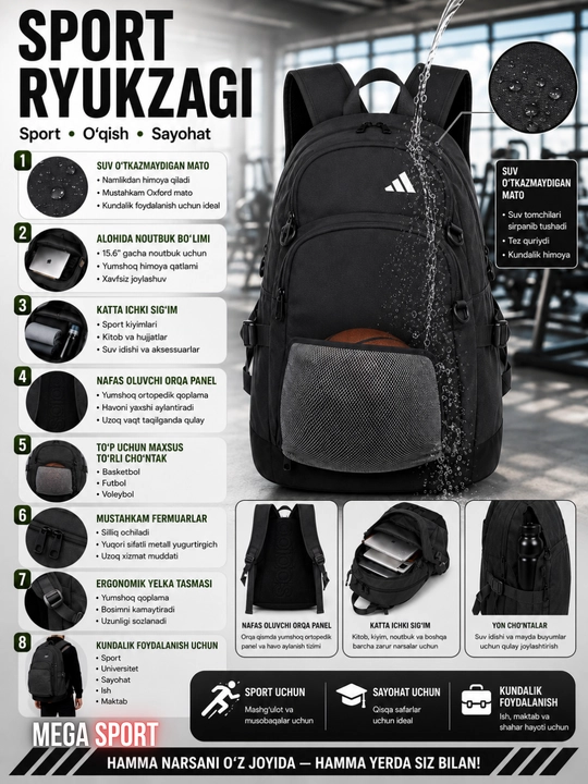 Ko‘p funksiyali sport ryukzagi – noutbuk, sayohat va kundalik foydalanish uchun