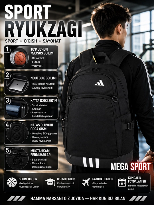 Ko‘p funksiyali sport ryukzagi – noutbuk, sayohat va kundalik foydalanish uchun - 
