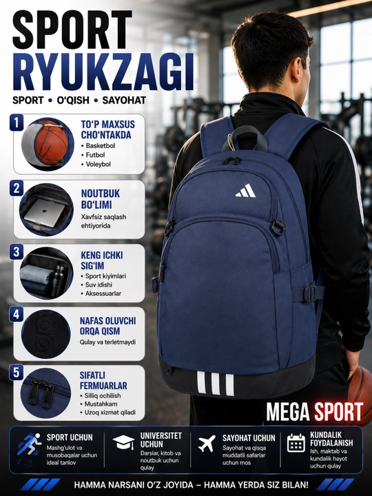 Ko‘p funksiyali sport ryukzagi – noutbuk, sayohat va kundalik foydalanish uchun - 