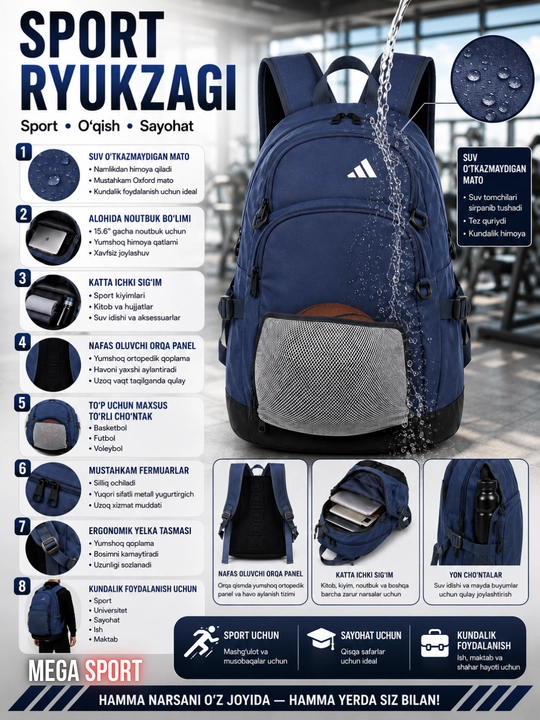 Ko‘p funksiyali sport ryukzagi – noutbuk, sayohat va kundalik foydalanish uchun