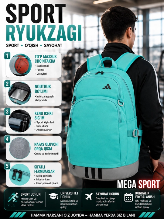 Ko‘p funksiyali sport ryukzagi – noutbuk, sayohat va kundalik foydalanish uchun - 