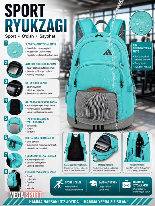 Ko‘p funksiyali sport ryukzagi – noutbuk, sayohat va kundalik foydalanish uchun