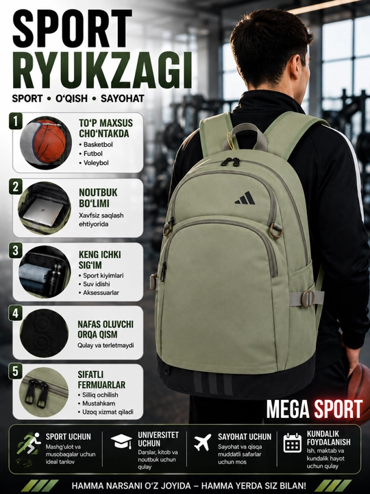 Ko‘p funksiyali sport ryukzagi – noutbuk, sayohat va kundalik foydalanish uchun - 