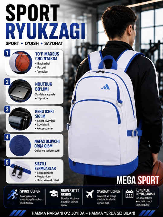 Ko‘p funksiyali sport ryukzagi – noutbuk, sayohat va kundalik foydalanish uchun - 