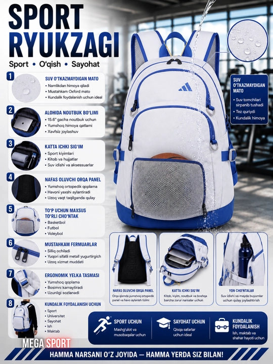 Ko‘p funksiyali sport ryukzagi – noutbuk, sayohat va kundalik foydalanish uchun
