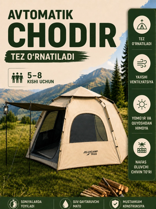 Kemping va piknik uchun avtomatik turistik chodir, 3-4 va 5-8 o‘rinli