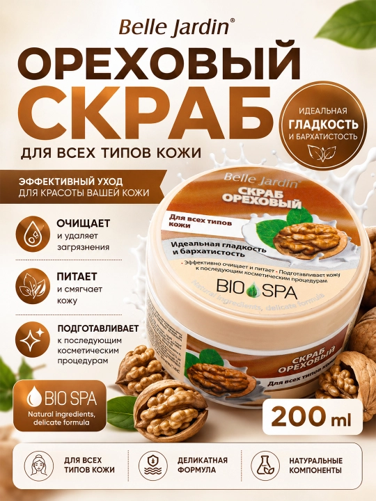 Скраб для тела Belle Jardin Bio Spa ореховый и персиковый отшелушивающий, 200 мл - 