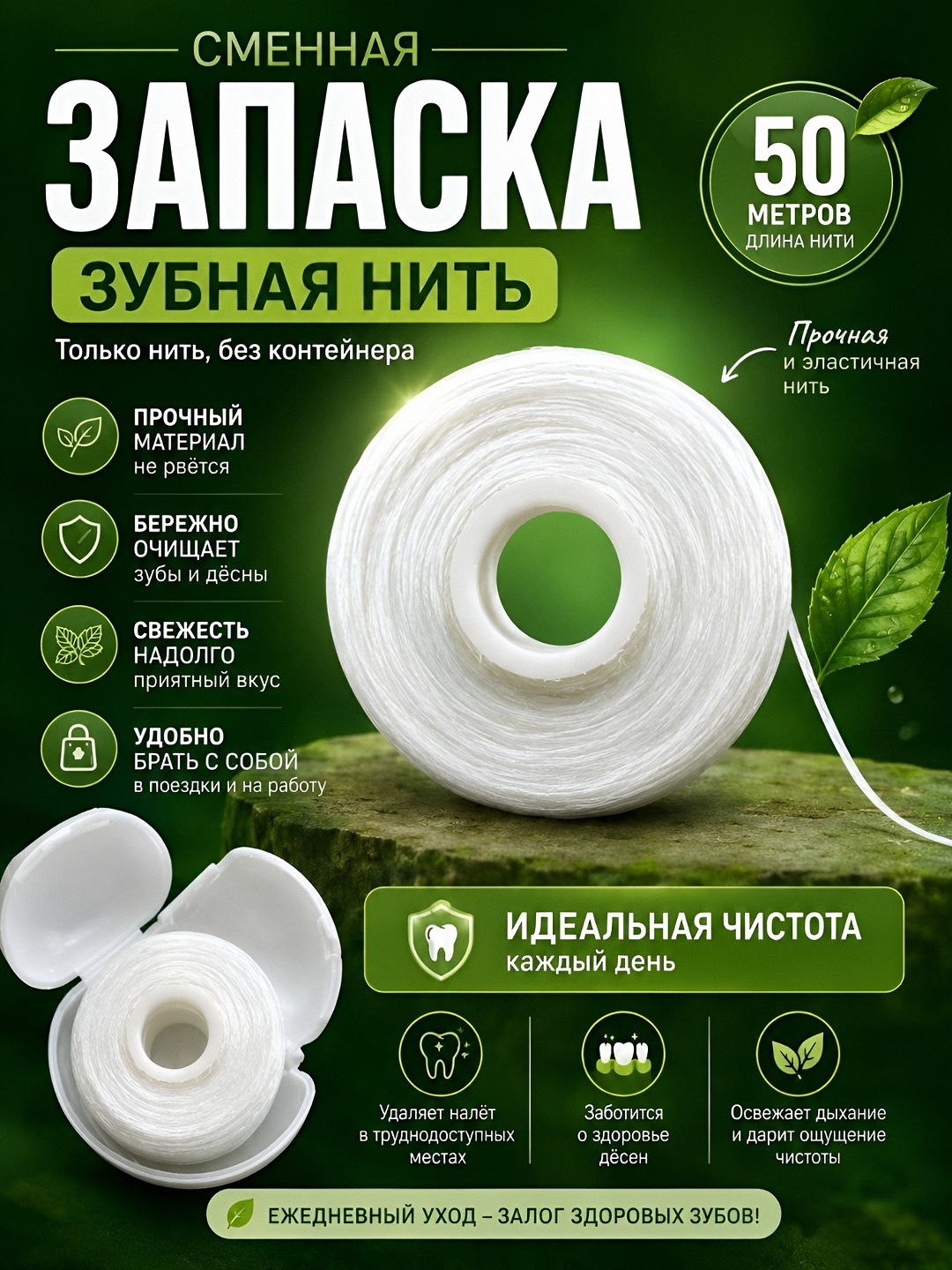 Зубная нить вощеная мятная, 50 м, уход за зубами, нить для зубов