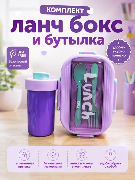 Комплект бенто ланч бокс + бутылка стакан - 