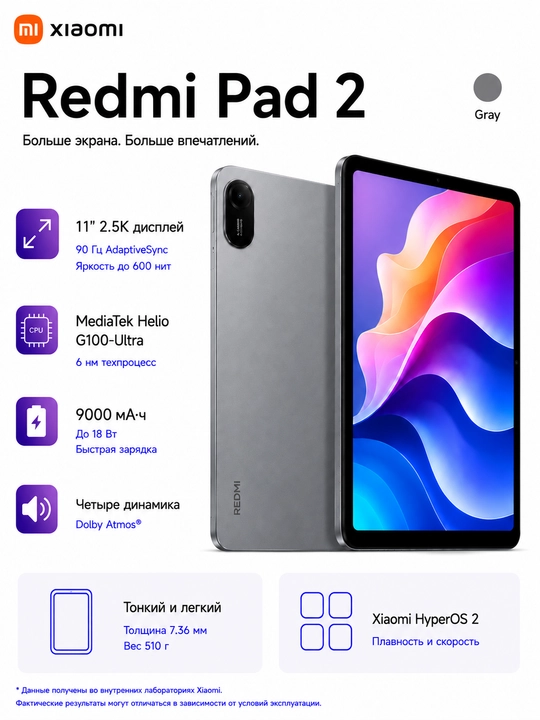 Планшет Xiaomi Redmi Pad 2 Wi-Fi 11″ QHD IPS 90 Гц, 9000 мАч - 