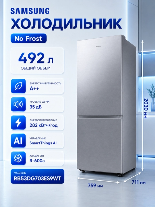 Pastki muzlatgichli sovutgich Samsung RB53DG703ES9WT No Frost SmartThings AI 492L - 