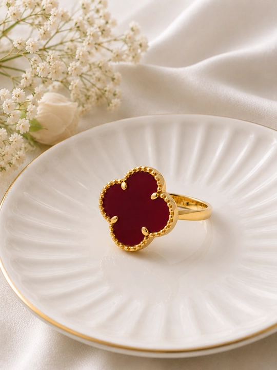 Женское кольцо Van Cleef, клевер, цветок, золотой цвет, чёрный и белый - 