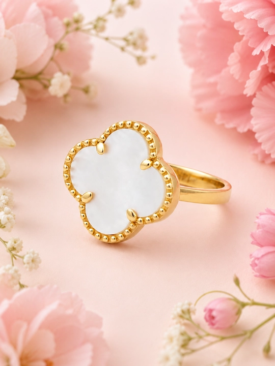 Женское кольцо Van Cleef, клевер, цветок, золотой цвет, чёрный и белый - 