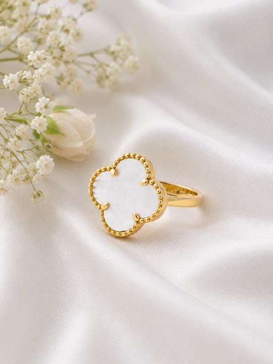 Женское кольцо Van Cleef, клевер, цветок, золотой цвет, чёрный и белый