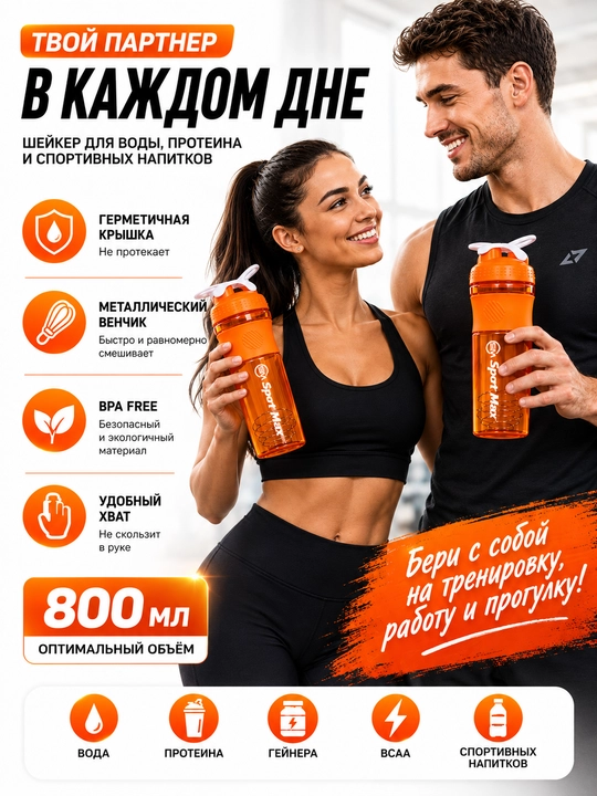 Protein uchun 800 ml shaker metall venchik bilan, suv va sport uchun butilka