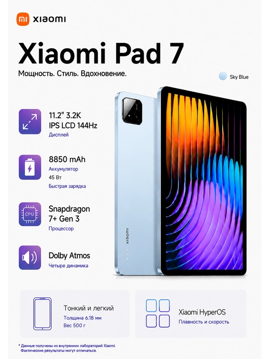 Планшет Xiaomi Pad 7 Wi-Fi, Snapdragon 7+ Gen 3, IPS 11,2″ 144 Гц, 8850 мА·ч - 