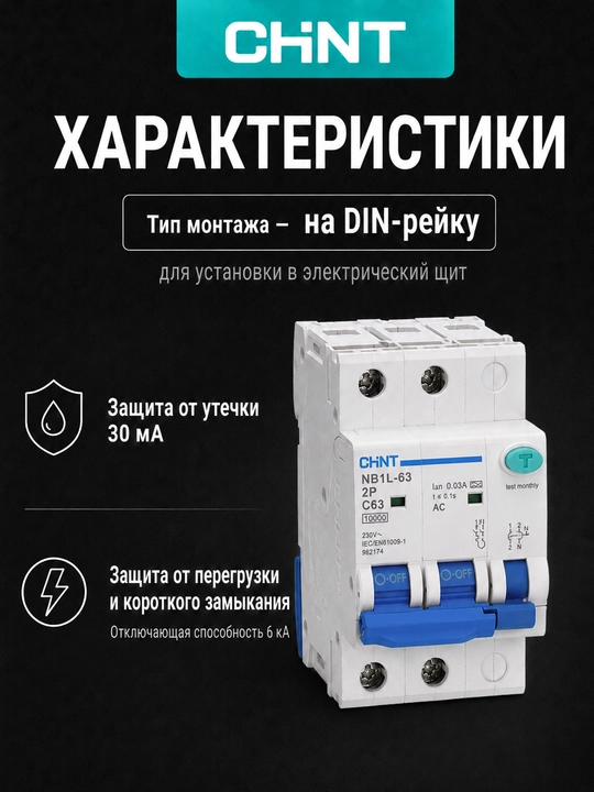 Двухполюсный дифференциальный автомат CHINT NB1L-63 2P, 30 мА, тип AC, 6 кА