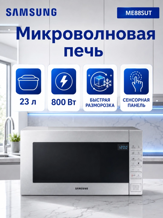 Mikroto‘lqinli pech Samsung ME88, 23 l, 800 Vt, tez isitish va muzdan tushirish - 