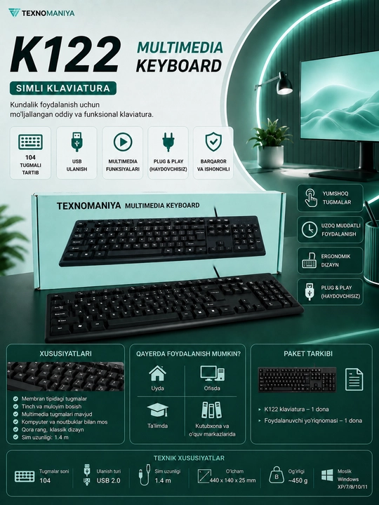 To‘liq o‘lchamli USB simli klaviatura — uy, o‘qish va ofis uchun - 