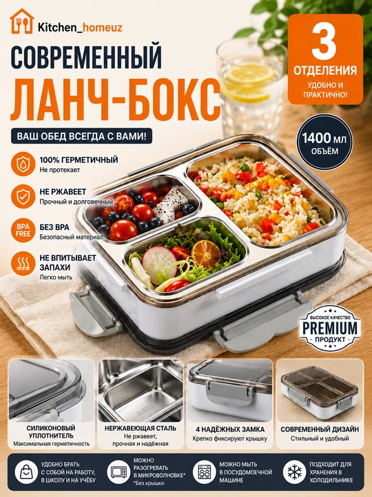 3 bo‘limli zanglamaydigan po‘lat Lunch Box - 