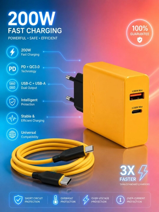 Адаптер питания 200W USB Type-C, быстрая зарядка PD QC3.0, 2 порта, с кабелем