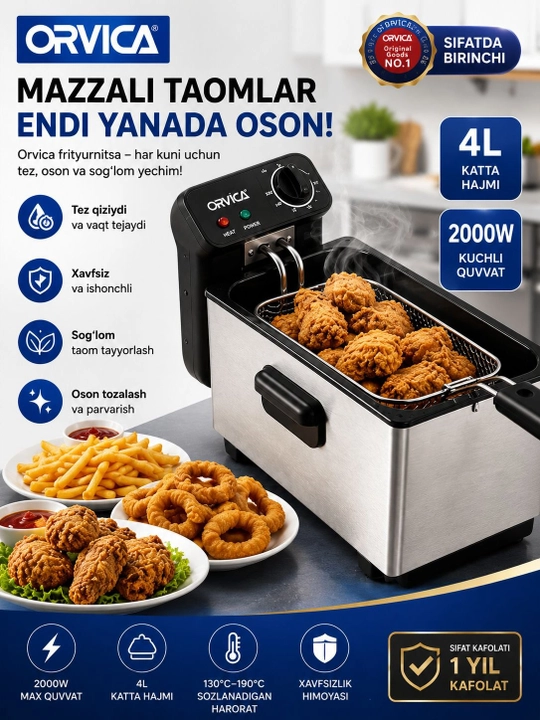 Elektr frityurnitsa ORVICA ORM-8821, 4L, 2000W, zanglamaydigan po‘lat korpusli