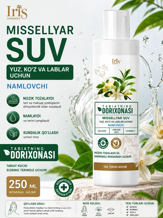 Tabiiy dorixona seriyasining yuz, ko‘z va lablar uchun namlantiruvchi miselyar suvi 250 ml