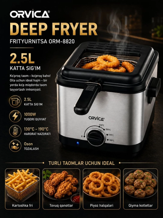 Elektr frityurnitsa ORVICA ORM-8820, 2.5L, 1000W, harorat sozlanadigan