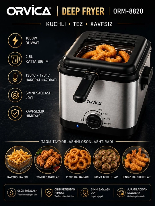 Elektr frityurnitsa ORVICA ORM-8820, 2.5L, 1000W, harorat sozlanadigan