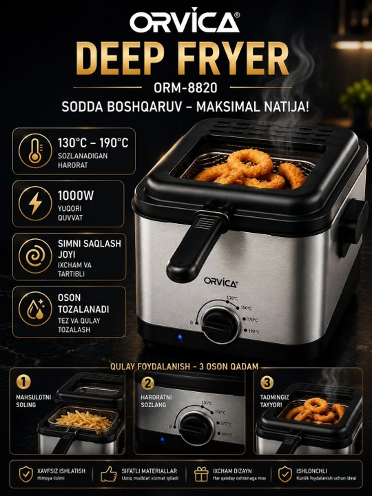 Elektr frityurnitsa ORVICA ORM-8820, 2.5L, 1000W, harorat sozlanadigan