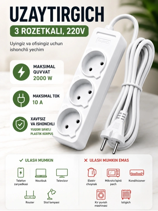 Uzaytirgich 3 rozetkali,udinitel,udlinitel,kabel - 
