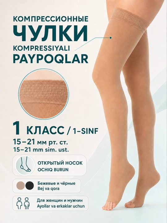 Компрессионные чулки антиварикозные, 1 класс 15–21 мм рт.ст., носки, гольфы лечебные