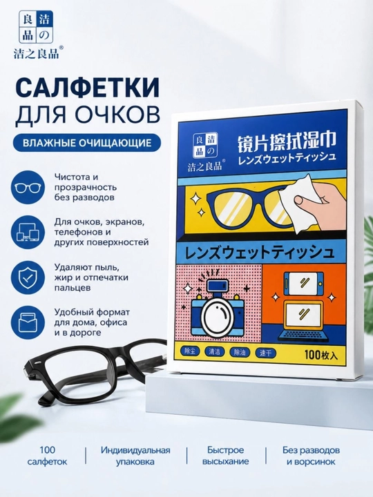 Влажные салфетки для очистки очков и экранов, индивидуальная упаковка, 100 шт - 