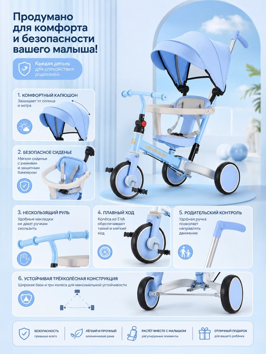 BolaDrive soyabonli va ota-ona tutqichli bolalar uch g‘ildirakli velosipedi