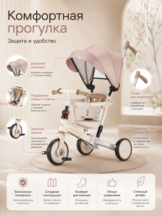 BolaDrive soyabonli va ota-ona tutqichli bolalar uch g‘ildirakli velosipedi