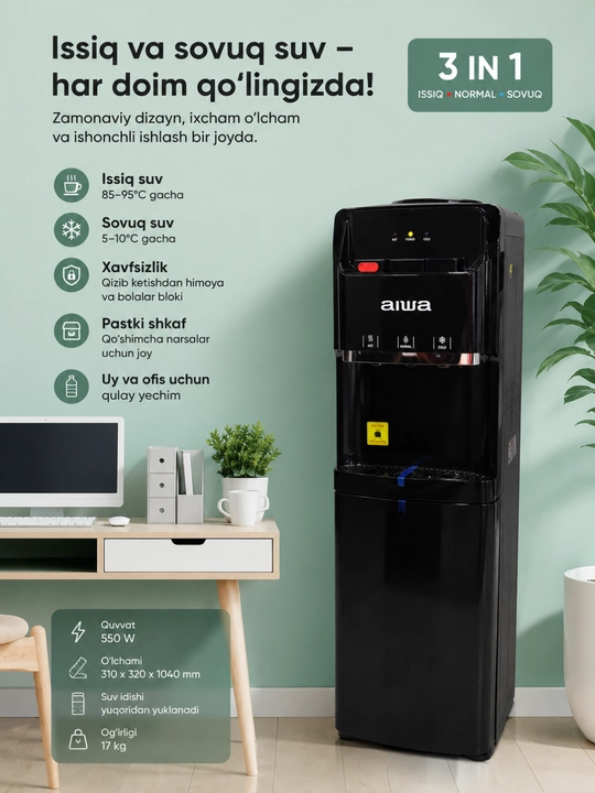 Кулер для воды Aiwa с 3 режимами подачи и нижним шкафом