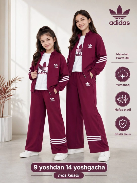 Qizlar sport kostyumi troyka, Adidas uslubida, 9-14 yosh, XB paxta, zamokli komplekt - 