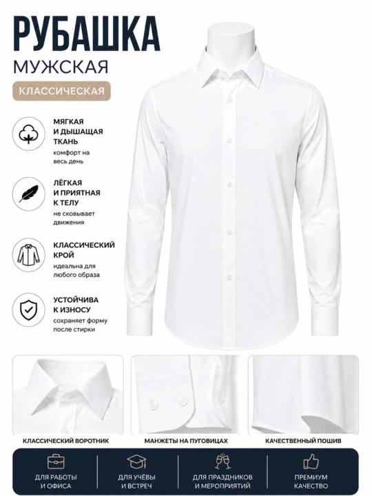 Мужская классическая белая рубашка с длинным рукавом - 