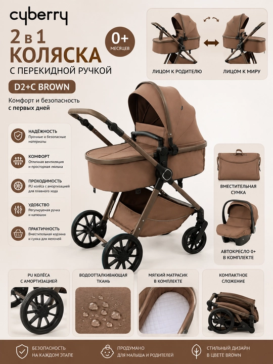 Cyberry D2+C 2 в 1 bolalar aravachasi, aylantiriladigan tutqichli - 
