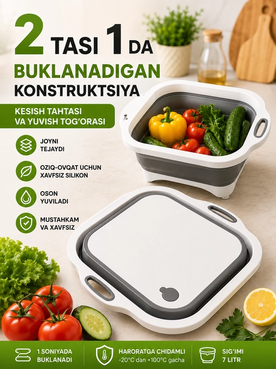 3 ta 1 ga buklanadigan taxtakach, unda shlang va mahsulotlarni yuvish uchun idish - 