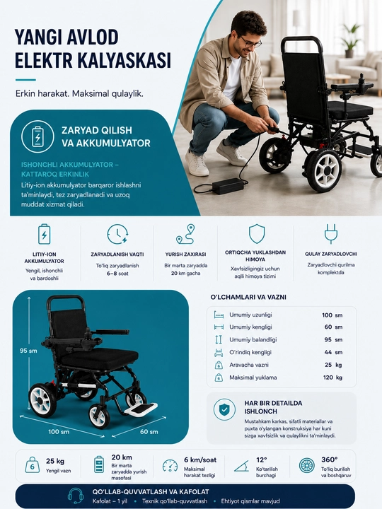 Elektr nogironlar aravachasi - joystik va elektr yuritmali yig‘ma elektr aravacha