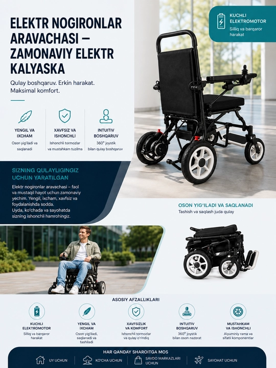 Elektr nogironlar aravachasi - joystik va elektr yuritmali yig‘ma elektr aravacha