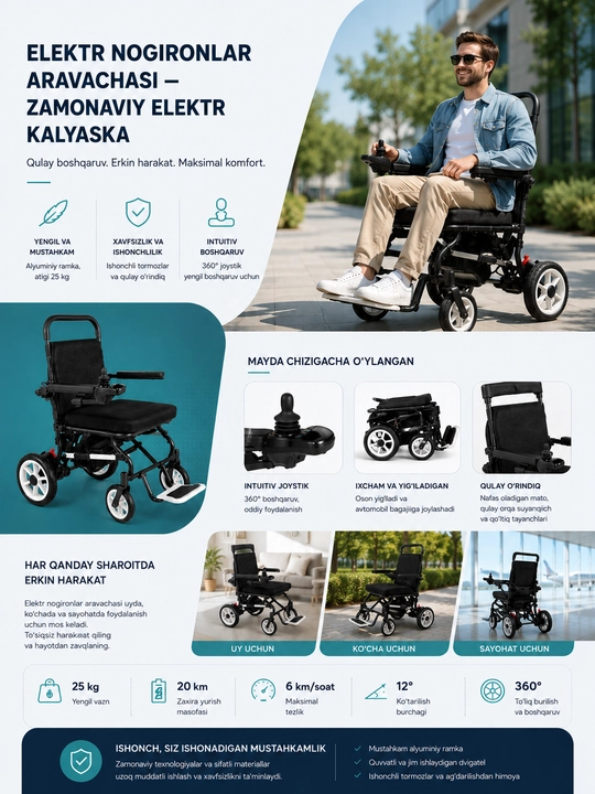Elektr nogironlar aravachasi - joystik va elektr yuritmali yig‘ma elektr aravacha