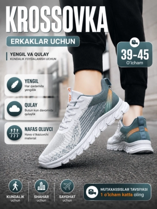 Nafas oluvchi to‘rli yozgi erkaklar krossovkasi, o‘lchamlari 40-44, 1 o‘lcham kattaroq oling