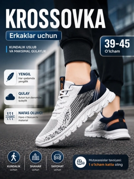 Nafas oluvchi to‘rli yozgi erkaklar krossovkasi, o‘lchamlari 40-44, 1 o‘lcham kattaroq oling