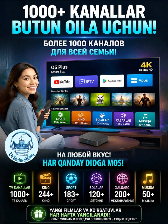 Q5 plus 4k ultra hd — 1000+ kanal, 1 yil bepul! Ovozli pult, android tv box