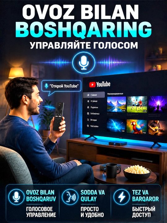Q5 plus 4k ultra hd — 1000+ kanal, 1 yil bepul! Ovozli pult, android tv box