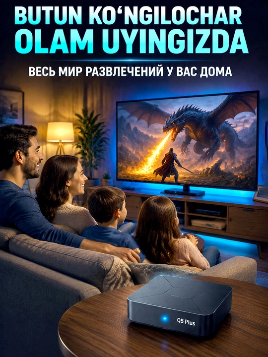 Q5 plus 4k ultra hd — 1000+ kanal, 1 yil bepul! Ovozli pult, android tv box